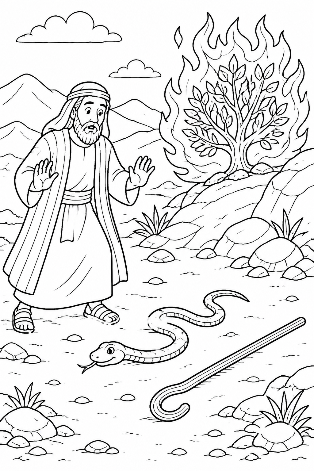 The Staff Becomes a Sign from Moses and the Burning Bush Bible coloring page