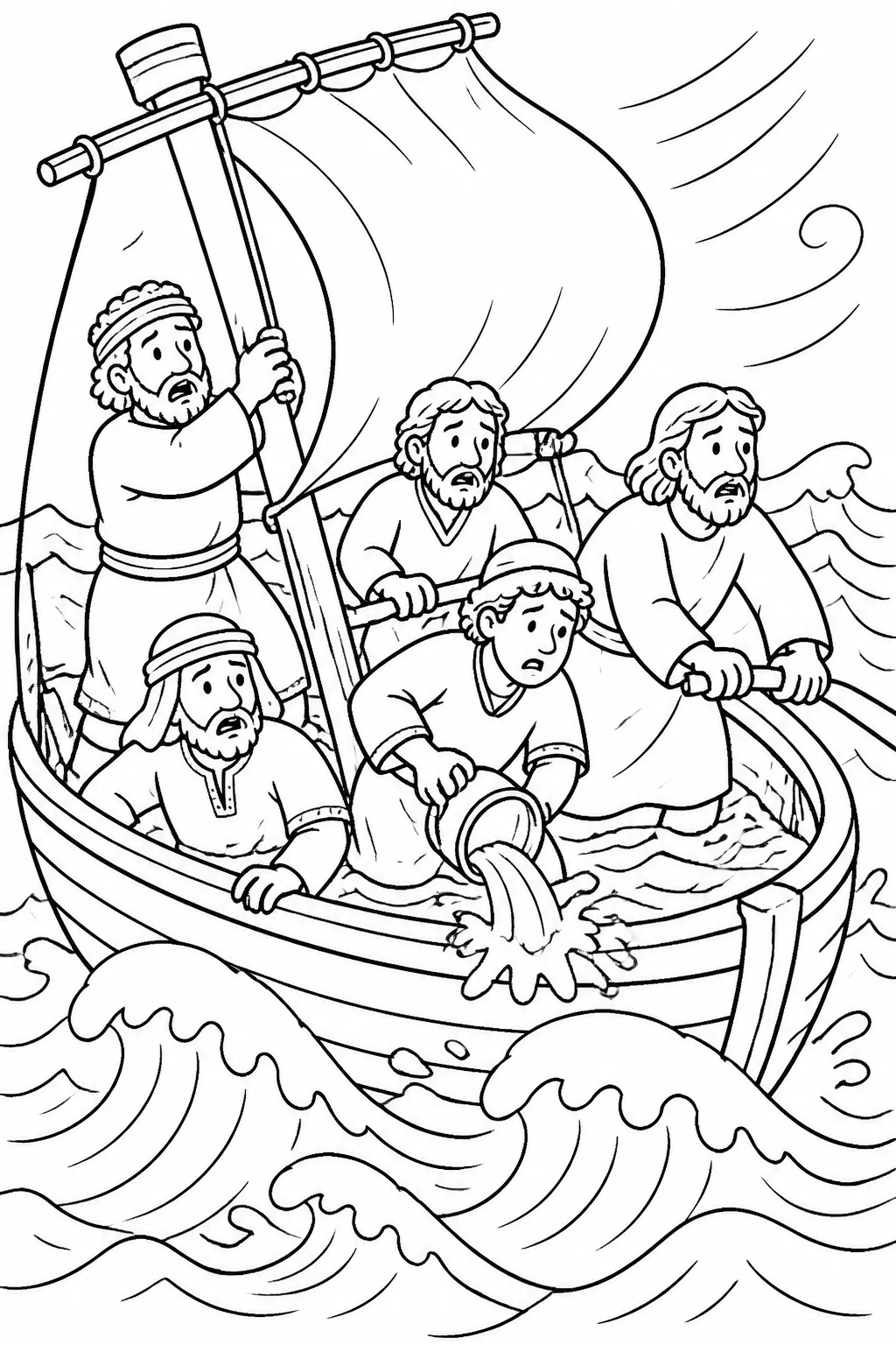Several frightened disciples in a boat as wind and waves beat into it and water begins filling the boat.
