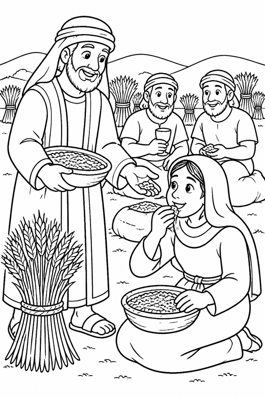 Boaz Shares Food with Ruth from Ruth Gleans in Boaz’s Field Bible coloring page