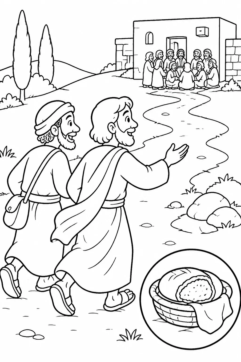 Cleopas and the unnamed disciple return from Emmaus to Jerusalem to report to the gathered disciples how Jesus was recognized in the breaking of bread.