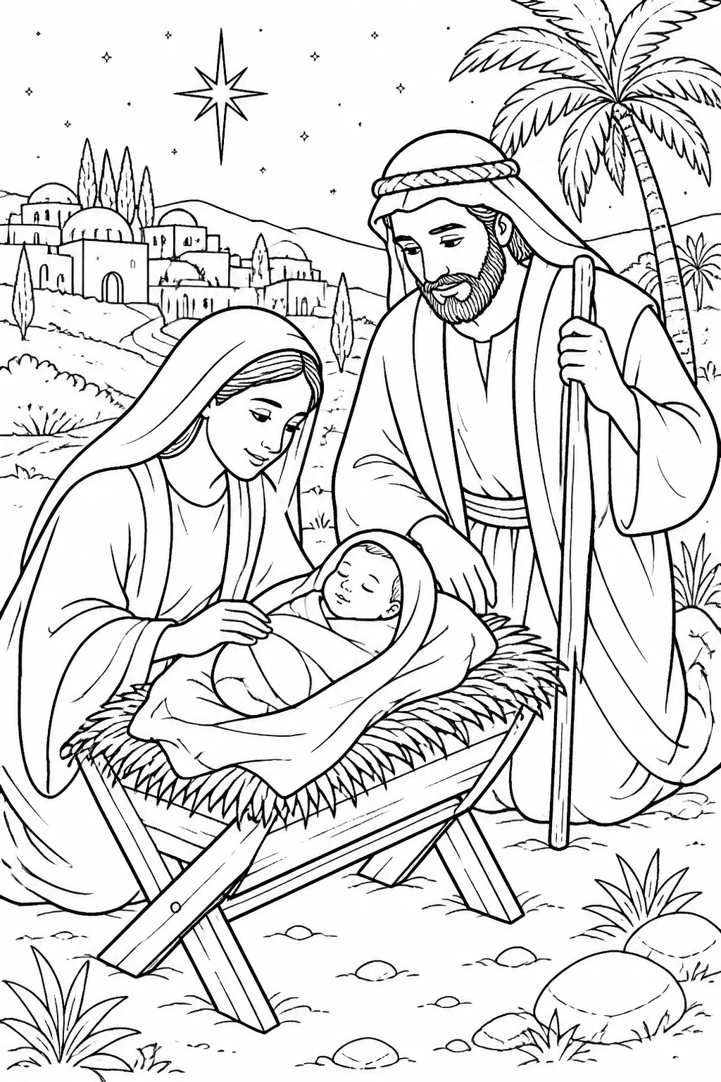 Child-friendly Bible illustration concept of Mary and Joseph with baby Jesus wrapped in cloths and lying in a manger in Bethlehem.