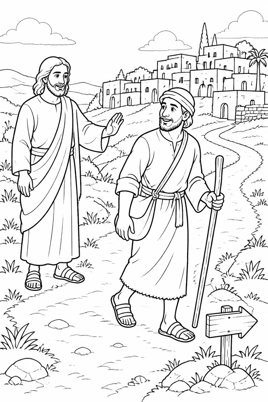 Jesus sends the man who now sees clearly toward home while the village remains behind him, illustrating Mark 8:26.