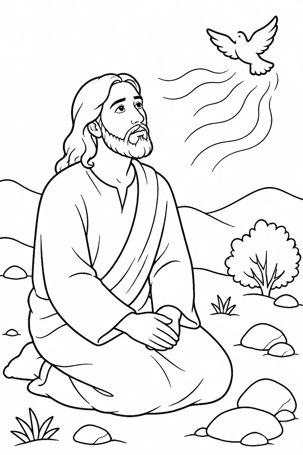Jesus alone in the wilderness after fasting for forty days and forty nights, with a thoughtful and steady posture.