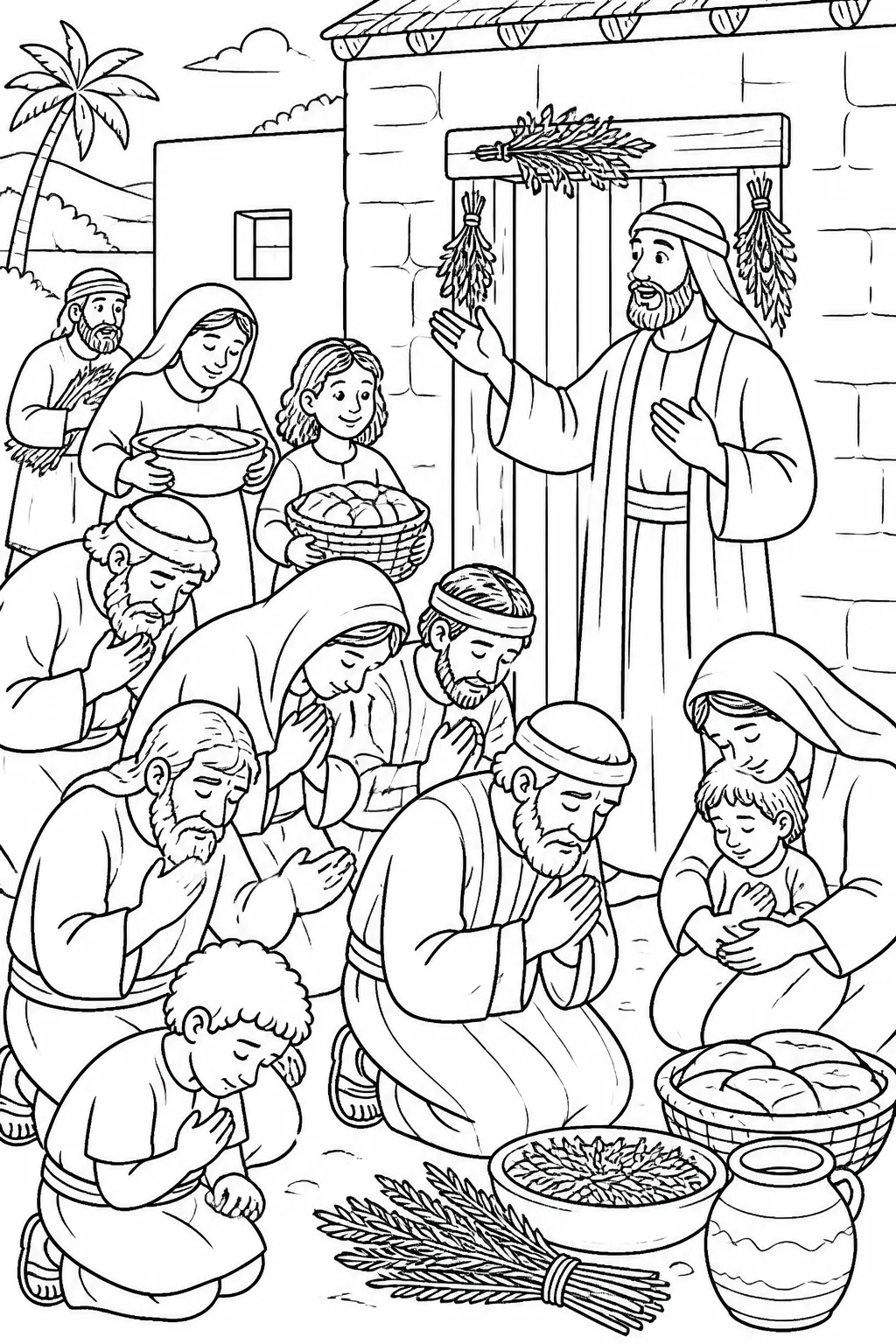 Moses with Israelite elders and families bowing in worship near Passover preparations and doorways marked with blood applied using hyssop.