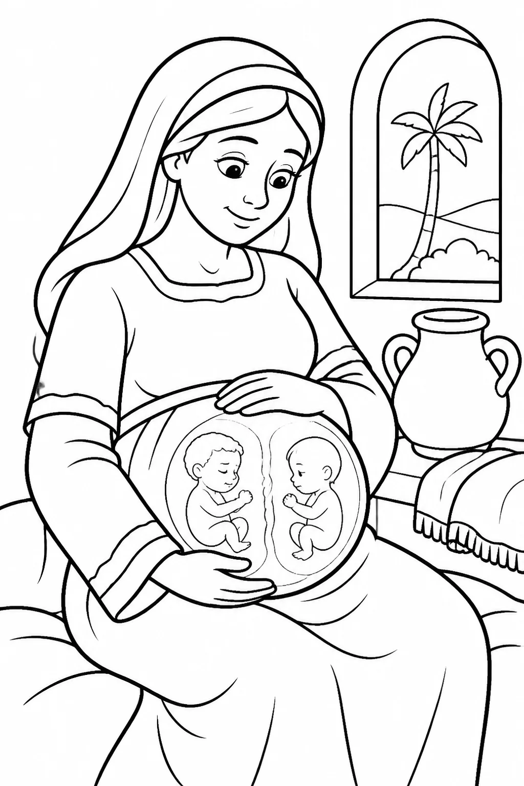 Rebekah thoughtfully during pregnancy, with simple symbolic imagery suggesting twins and no anatomical detail.