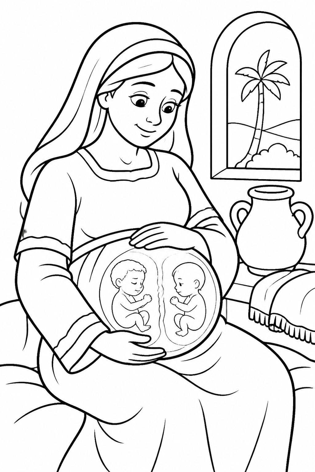 Rebekah and the Twins from Jacob and Esau Bible coloring page