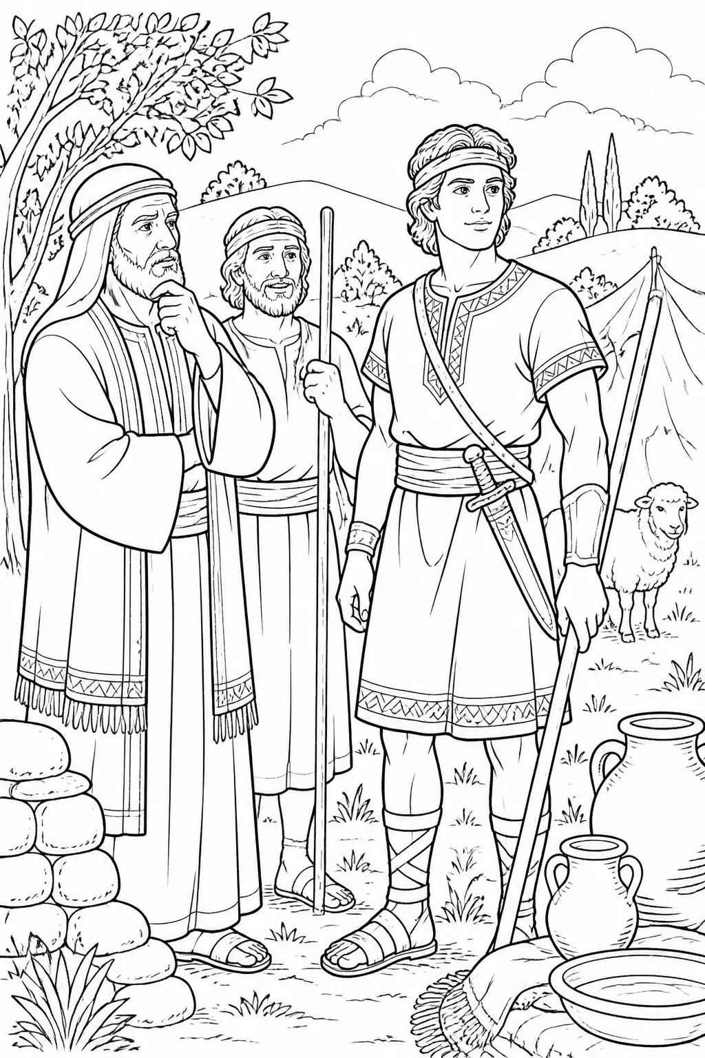 Samuel looks thoughtfully at Eliab in Jesse’s house while Jesse is present, illustrating that people notice outward appearance but the LORD looks at the heart.