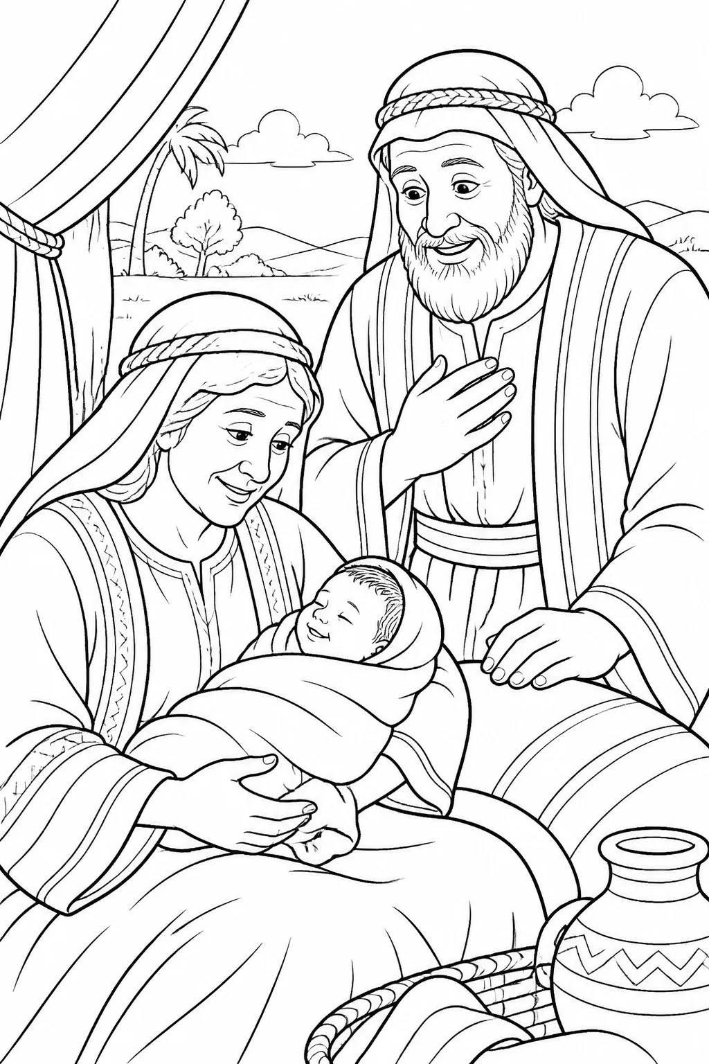 Sarah holds newborn Isaac while Abraham looks on with wonder, showing the joyful birth of Isaac at the set time God had spoken.