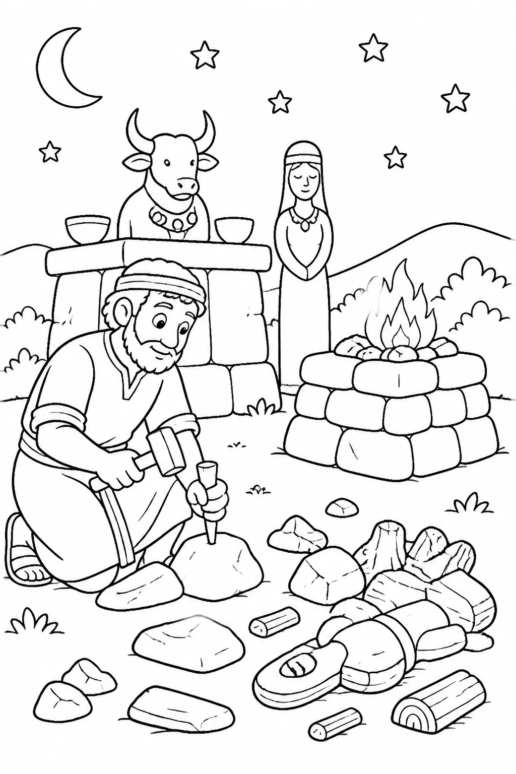 Gideon obeys God at night beside Baal’s altar, the Asherah, and a new altar to the LORD, with tools and fallen stones nearby.