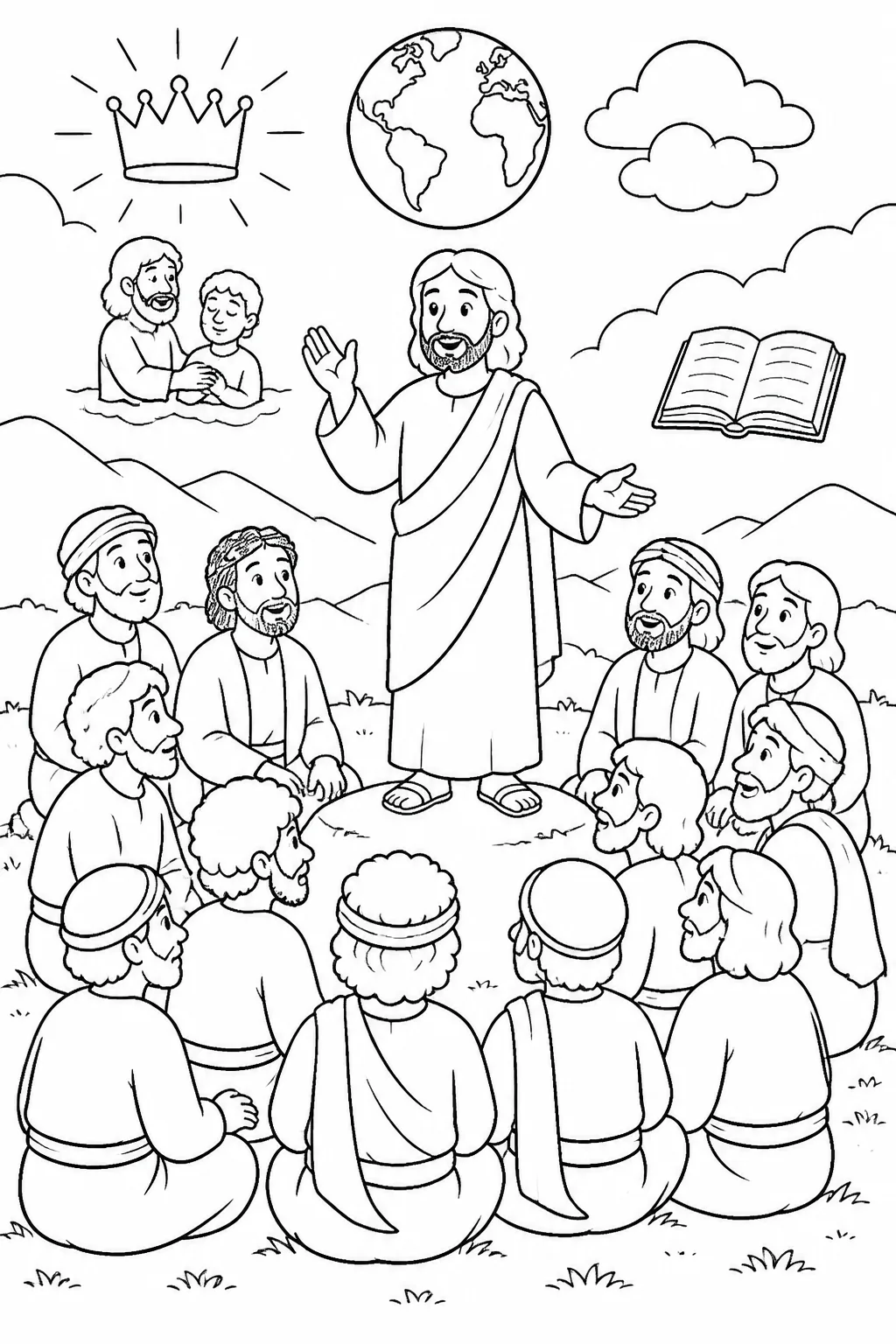 Jesus teaching the eleven disciples on a mountain in Galilee about making disciples of all nations, baptism, teaching obedience, and his continuing presence.