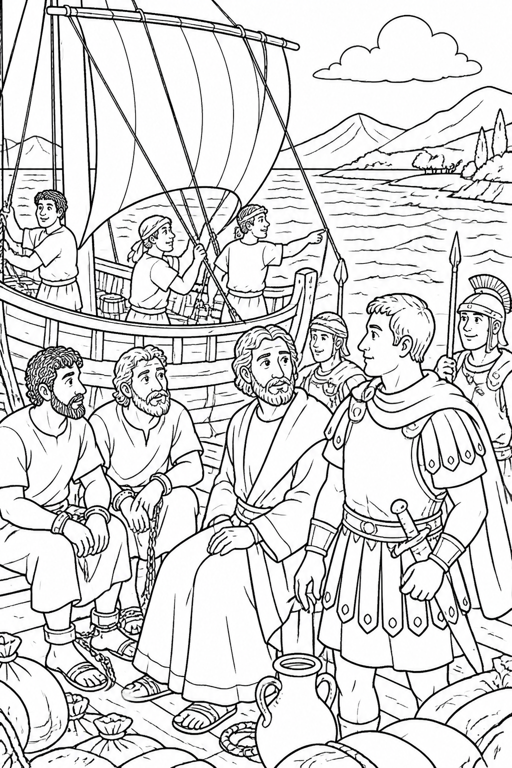 A Difficult Journey Toward Rome from Paul Survives a Shipwreck Bible coloring page