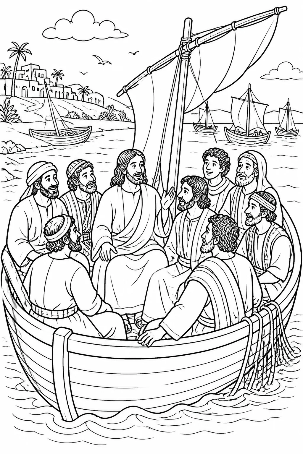 Jesus sits with several disciples in a boat as they leave the seashore and begin crossing the sea, with other boats nearby.