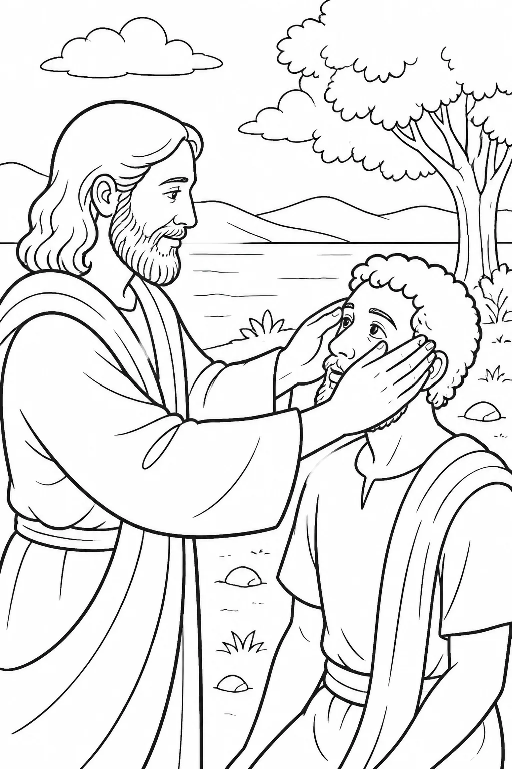 Jesus lays His hands on a blind man’s eyes again, and the man sees clearly outside Bethsaida.
