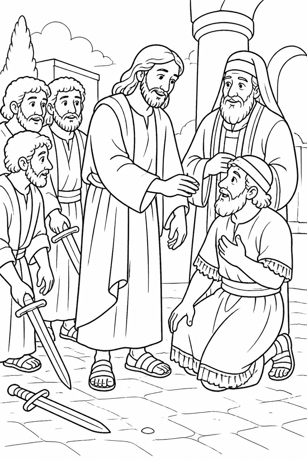 Jesus Stops Violence and Heals from Jesus Is Arrested and Tried Bible coloring page