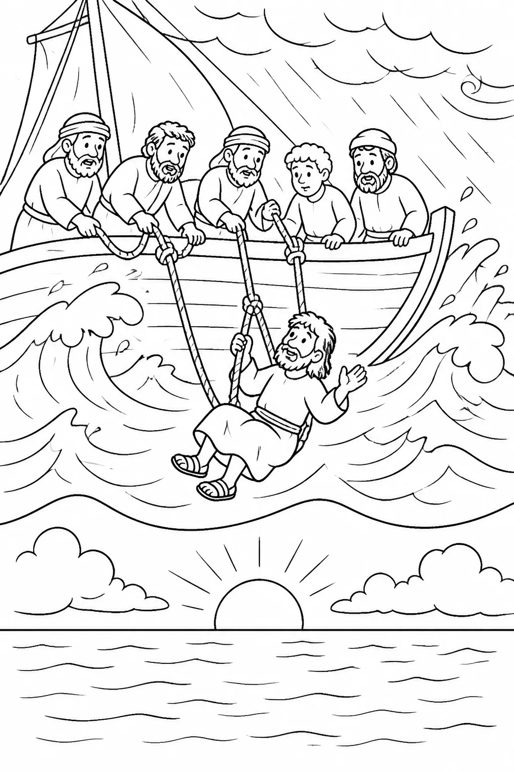 Jonah being carefully lowered from a ship toward the sea during a great storm, with sailors nearby and a calm-water cue showing the sea becoming calm.