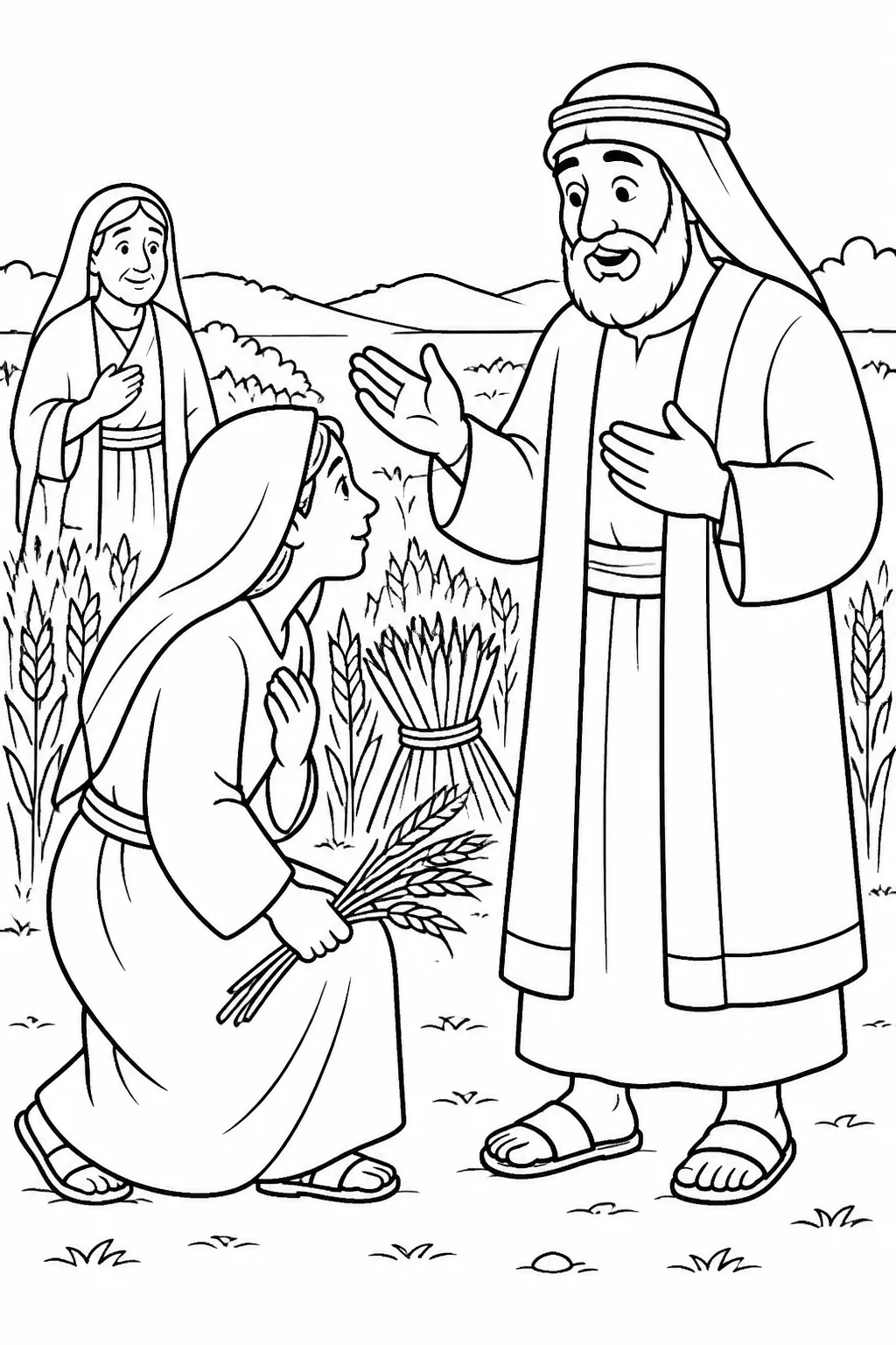 Ruth bows before Boaz in a grain field and asks why he has shown kindness to her, a Moabite foreigner, as described in Ruth 2:10-13.
