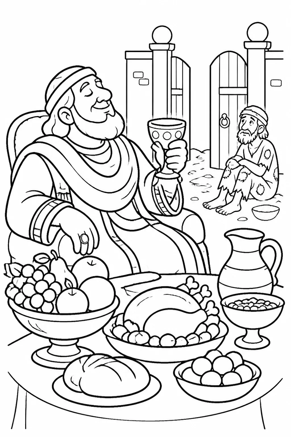 The unnamed rich man in purple and fine linen beside a lavish daily feast, with his gate visible, illustrating Luke 16:19.