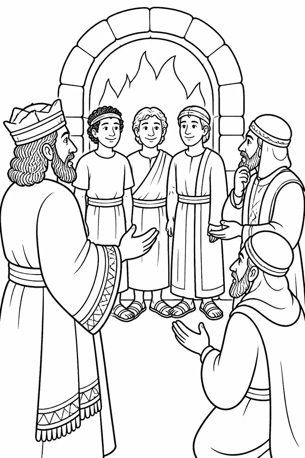Nebuchadnezzar calls Shadrach, Meshach, and Abednego from the furnace while officials inspect them and find their bodies, hair, garments, and smell unharmed.