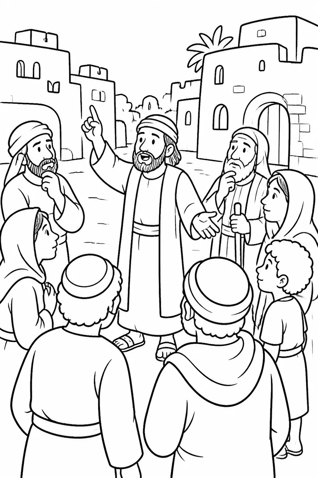 Jonah walking through Nineveh and announcing that the city will be overthrown in forty days while people listen.