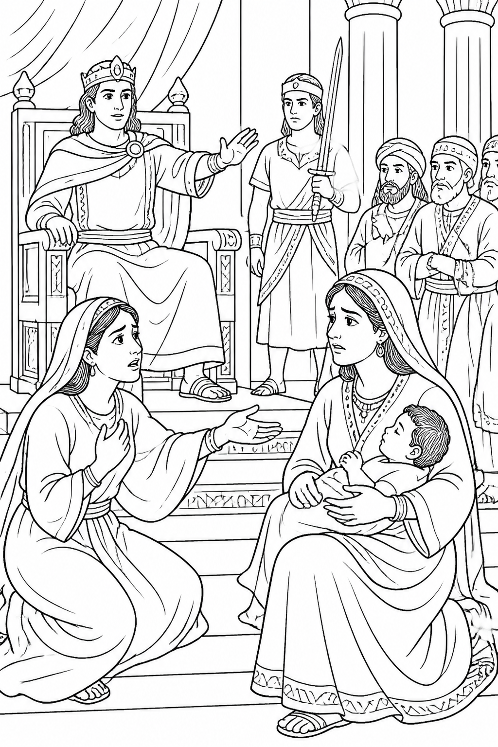 Solomon Reveals Compassion Through a Test from Solomon Asks for Wisdom Bible coloring page