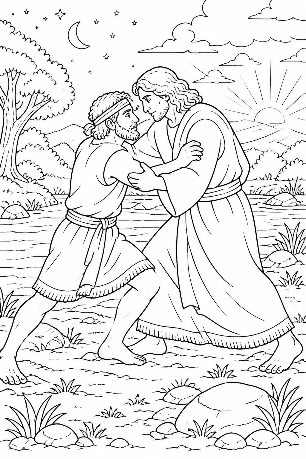 The Nightlong Struggle from Jacob Wrestles at Peniel Bible coloring page