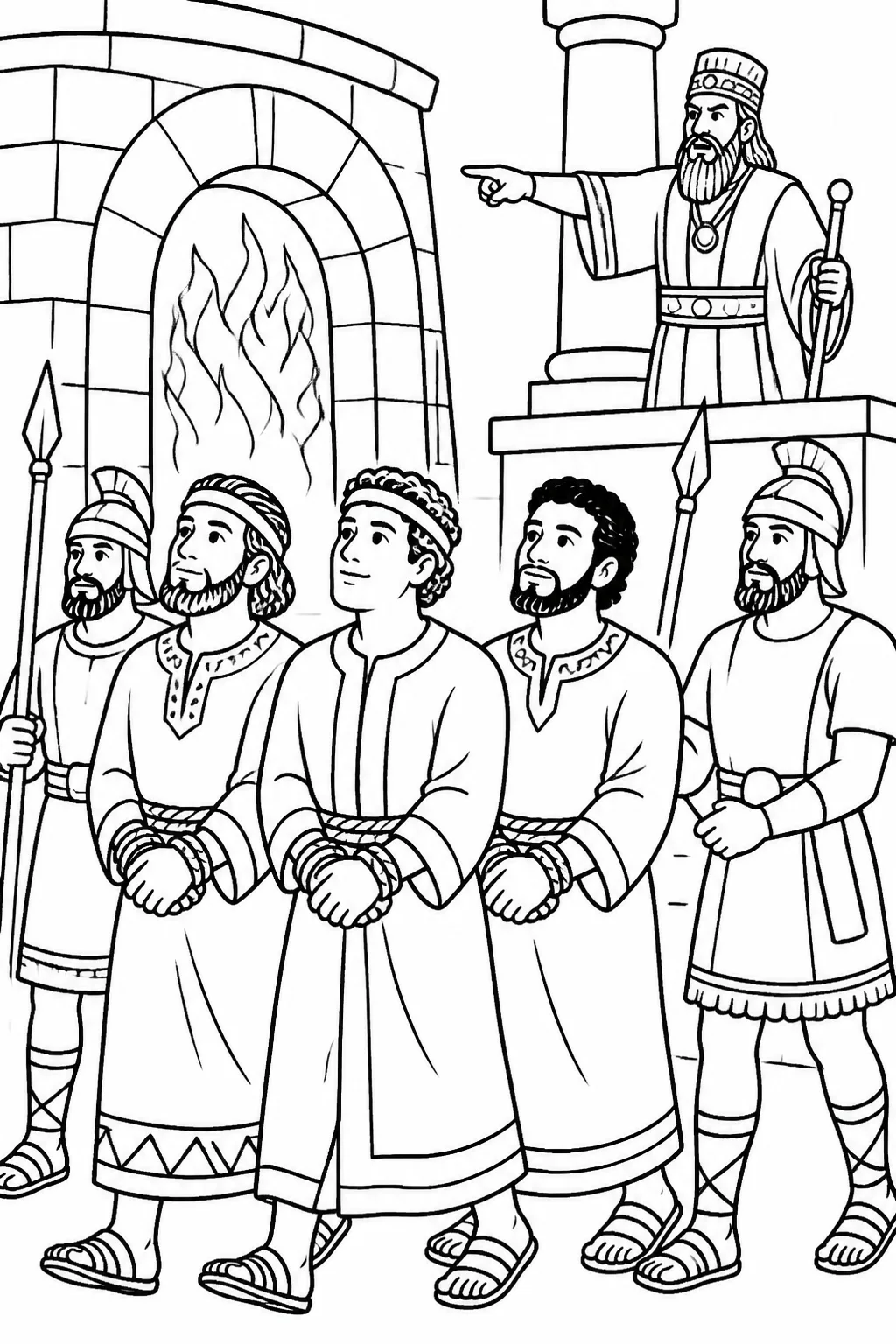 Shadrach, Meshach, and Abednego, bound and wearing their garments, are brought toward the blazing furnace as Nebuchadnezzar’s order is carried out.