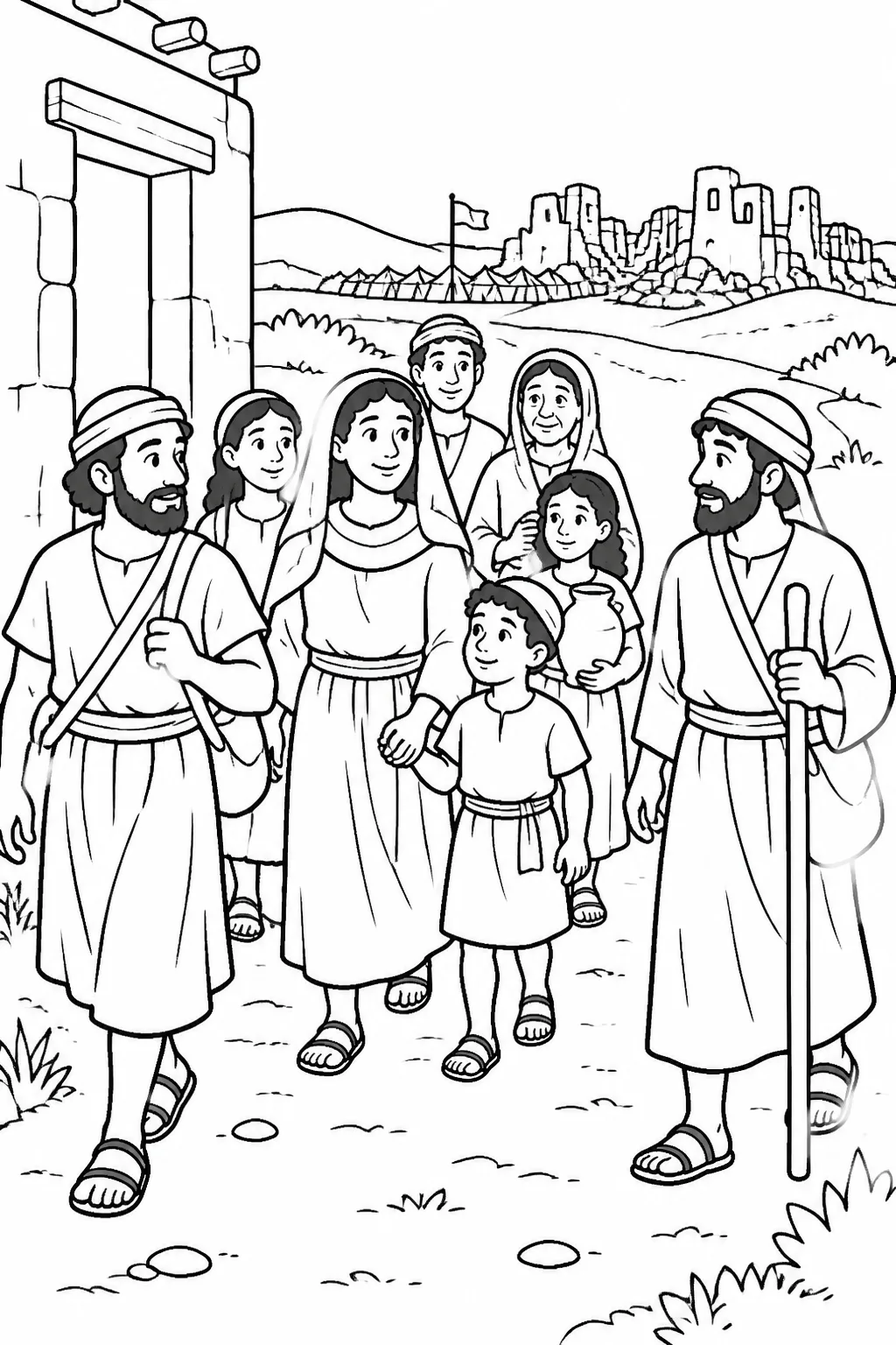 Rahab and Her Household Are Brought to Safety from The Walls of Jericho Fall Bible coloring page