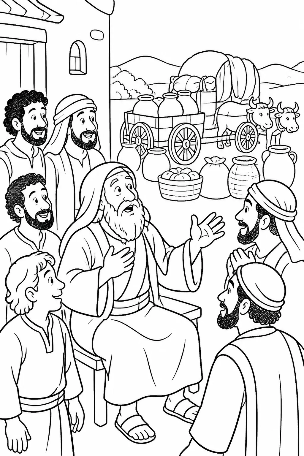 Jacob and his household hear that Joseph is alive while Egyptian wagons and provisions stand nearby in Canaan.