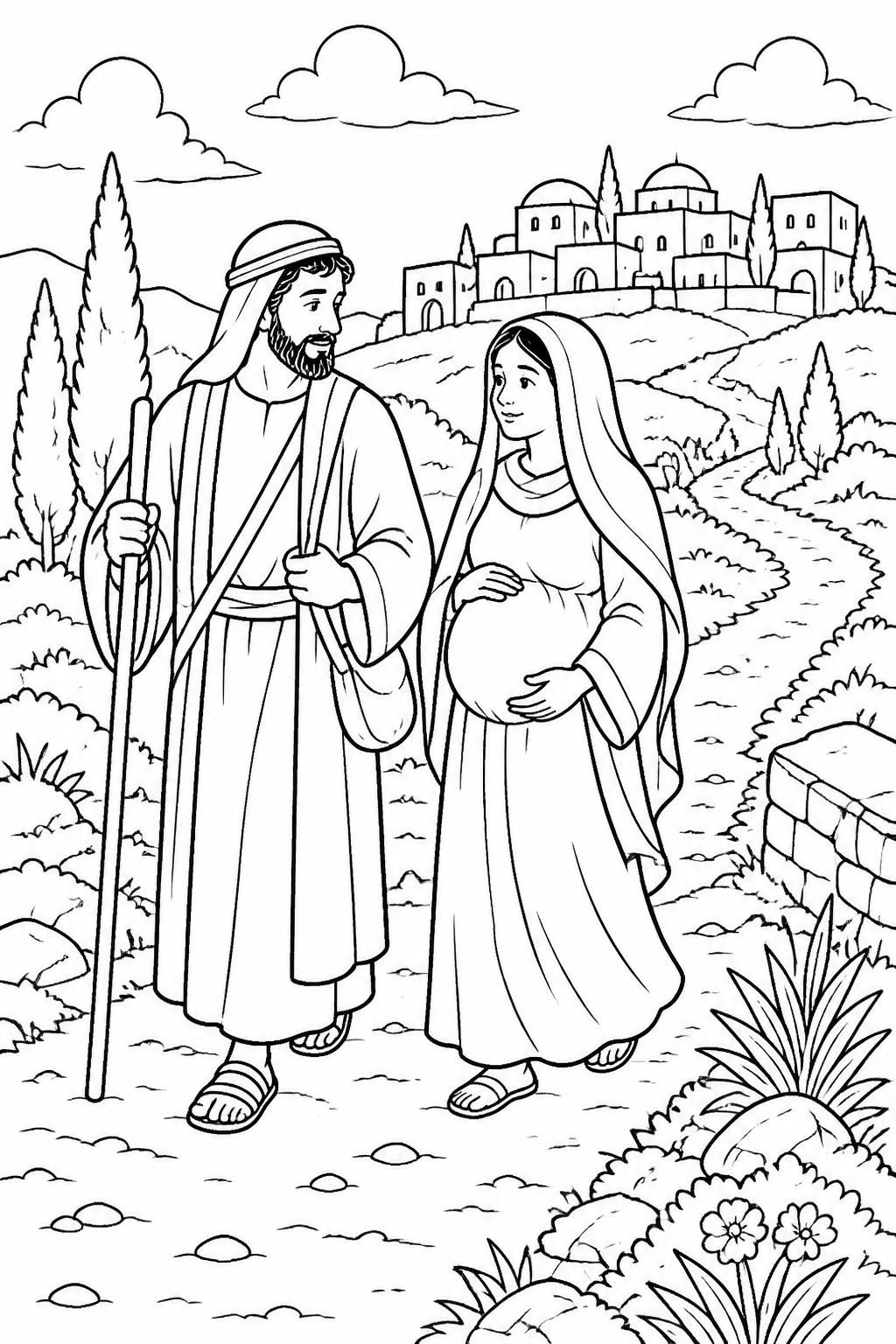 Mary and Joseph Travel to Bethlehem from The Birth of Jesus Bible coloring page