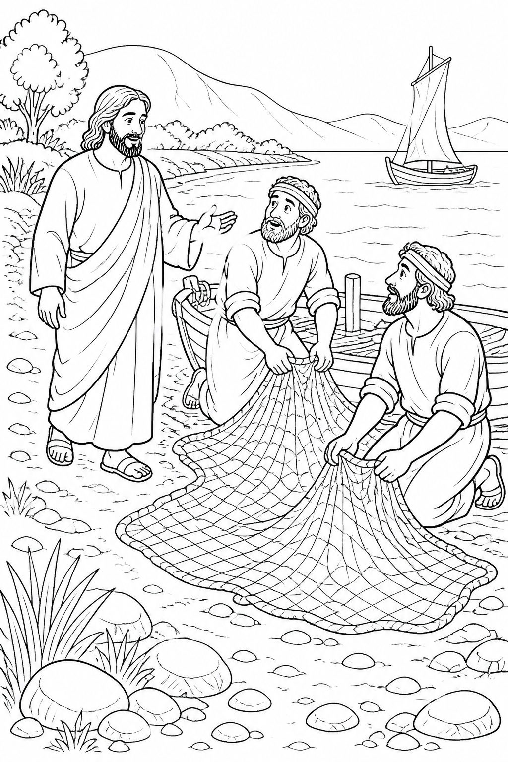 A Shoreline of Fishermen from Jesus Calls His First Disciples Bible coloring page