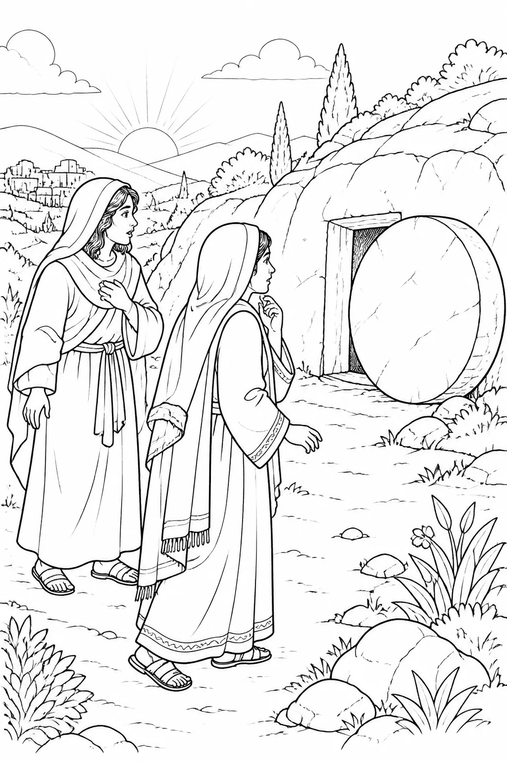 Mary Magdalene and the other Mary stand near the sealed stone at Jesus’ tomb at dawn after the Sabbath, as described in Matthew 28:1.