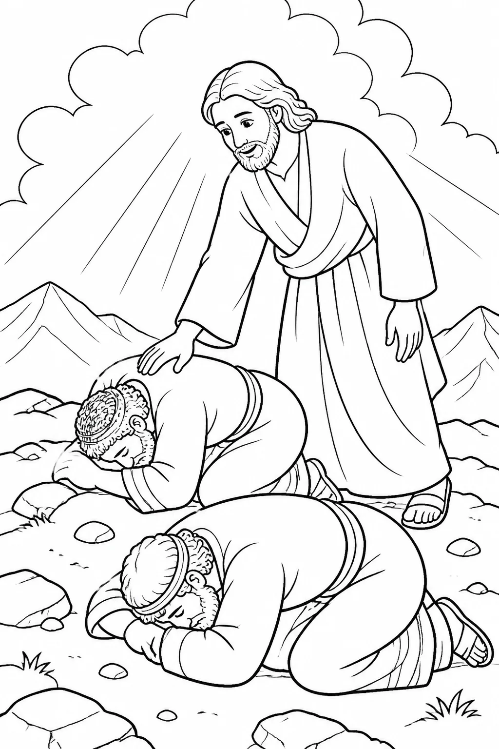 Jesus reaches down to comfort Peter, James, and John after they fall facedown beneath a bright cloud on a high mountain.