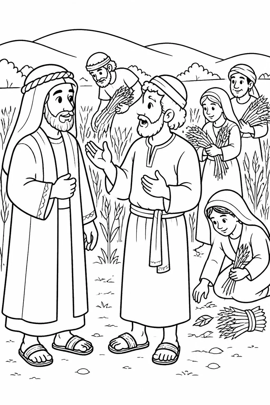 Boaz arrives in a grain field near Bethlehem and speaks with the overseer about Ruth, the Moabite woman who came with Naomi and has been gleaning since morning with a short rest.