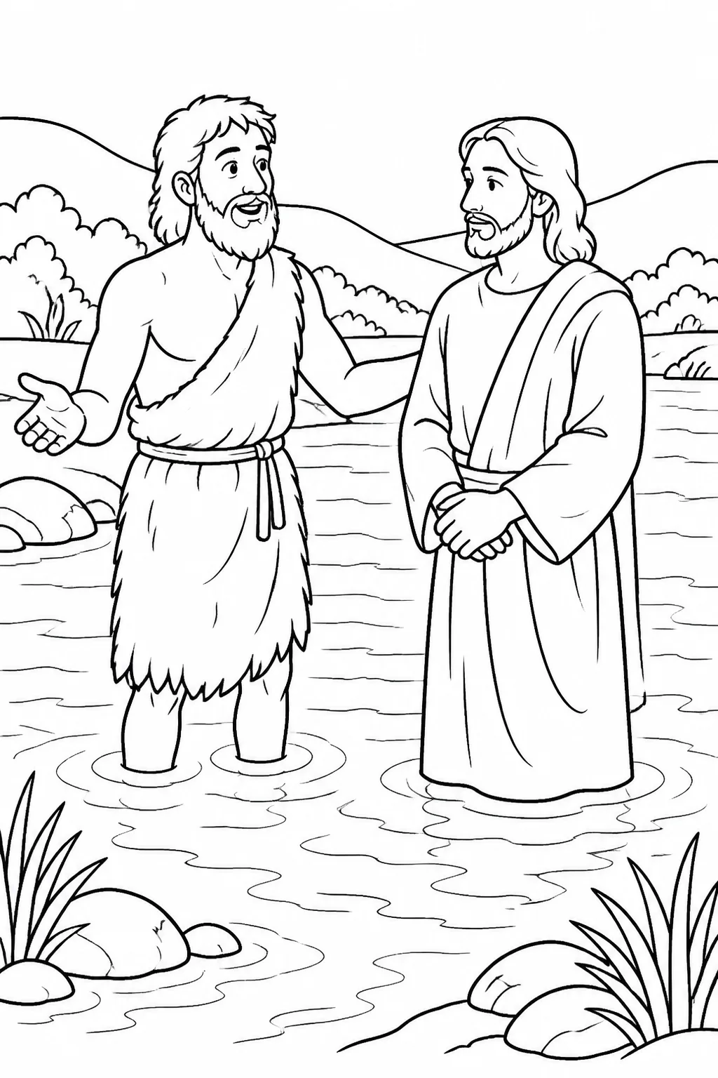 Jesus and John the Baptist stand together at the Jordan River as John permits Jesus to be baptized, with water visible.