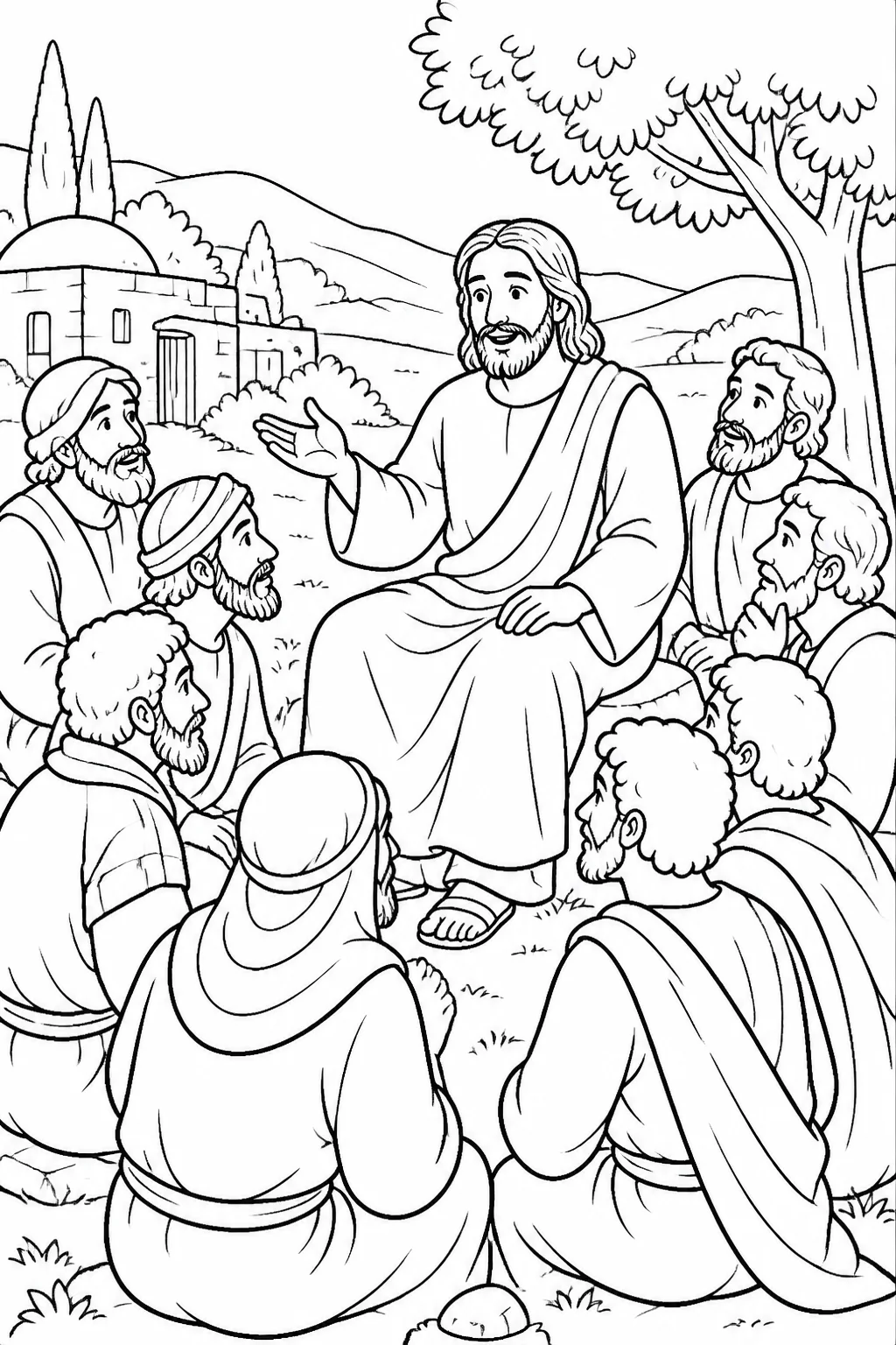 Jesus alive and present with the apostles in a simple teaching setting, speaking about the kingdom of God after his suffering.