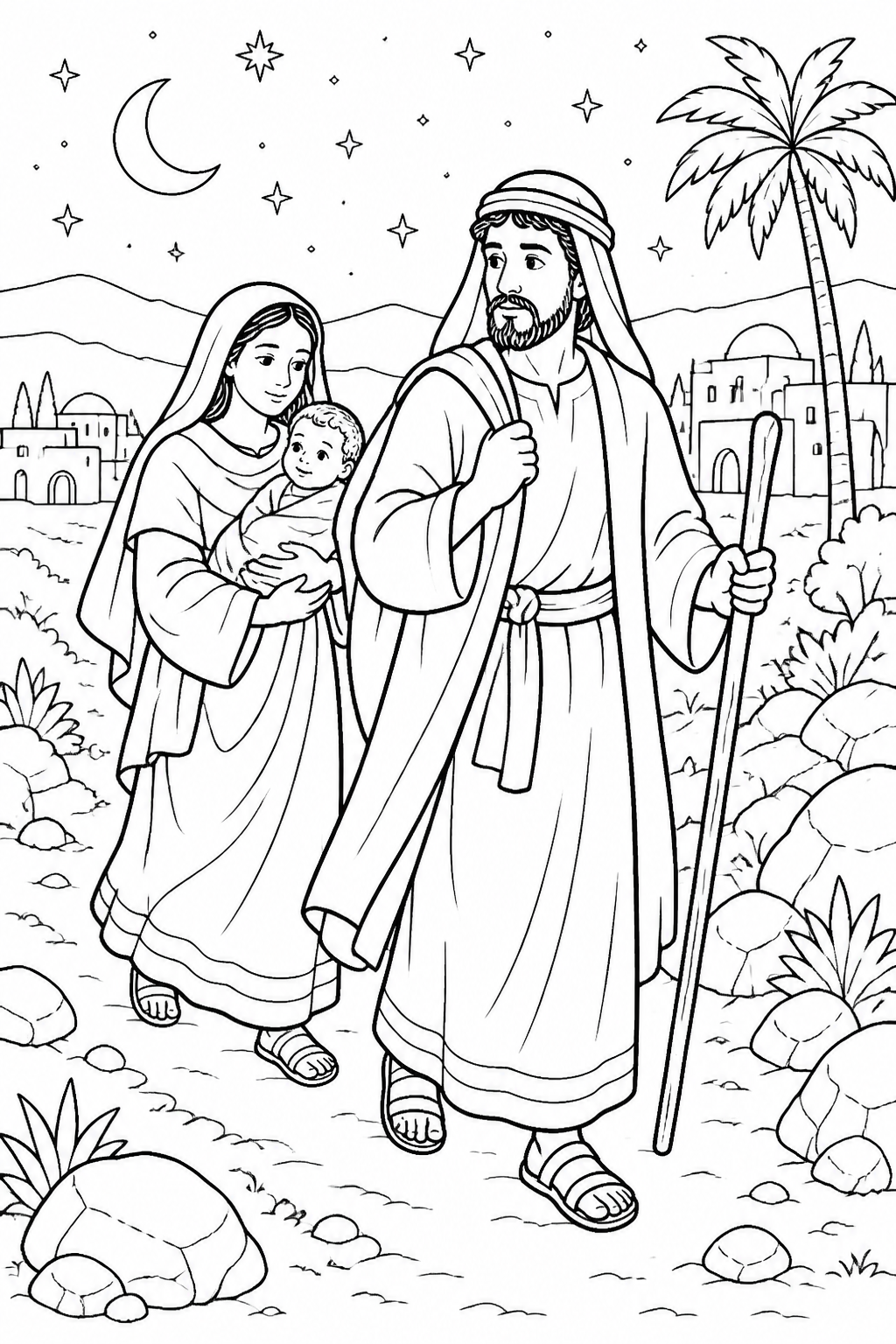 Leaving for Egypt at Night from Jesus Escapes to Egypt Bible coloring page