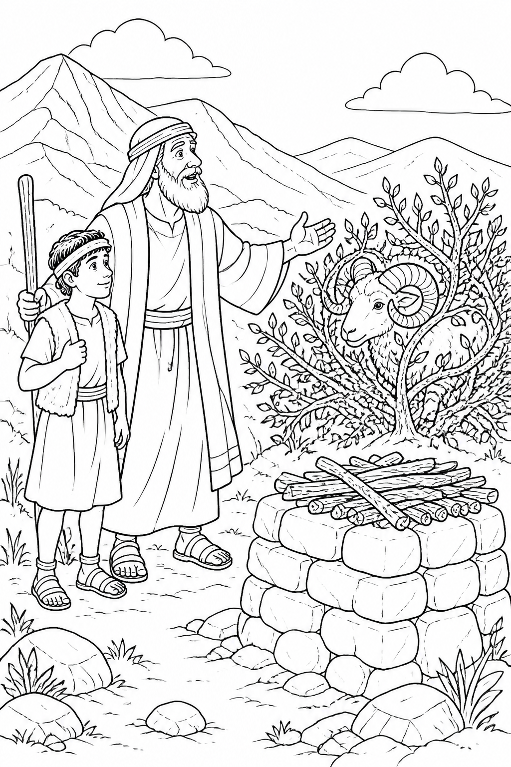 God Provides a Ram from Abraham and Isaac on Mount Moriah Bible coloring page