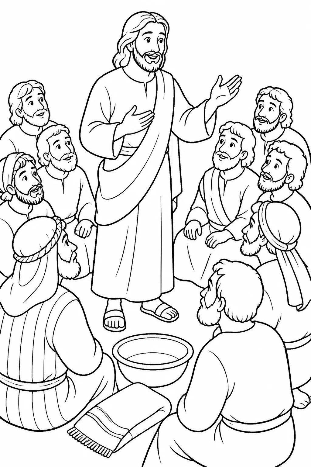 Jesus standing in his outer garments and teaching the disciples after washing their feet, with a towel and basin nearby.