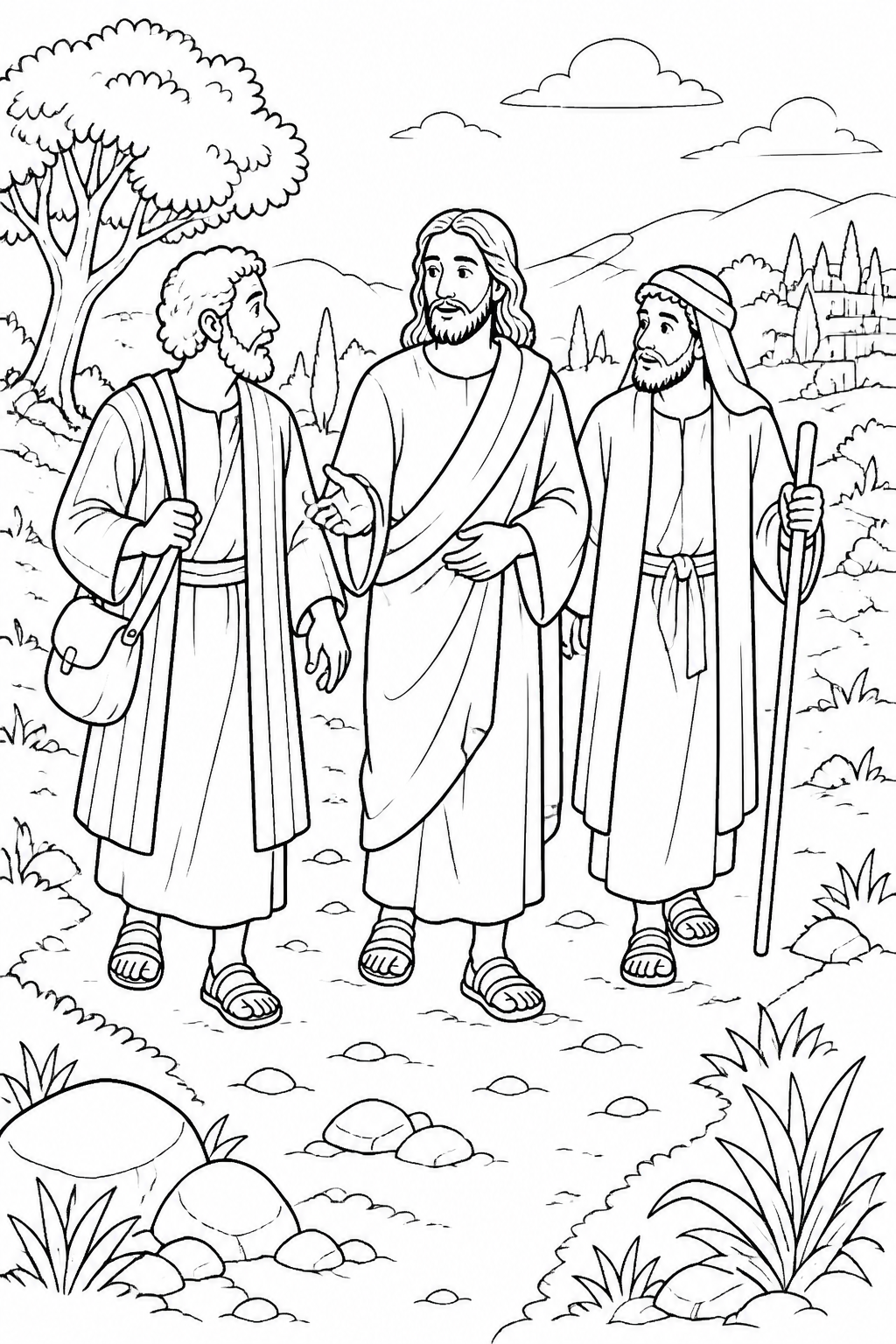 Jesus Walks Beside the Disciples from Jesus on the Road to Emmaus Bible coloring page