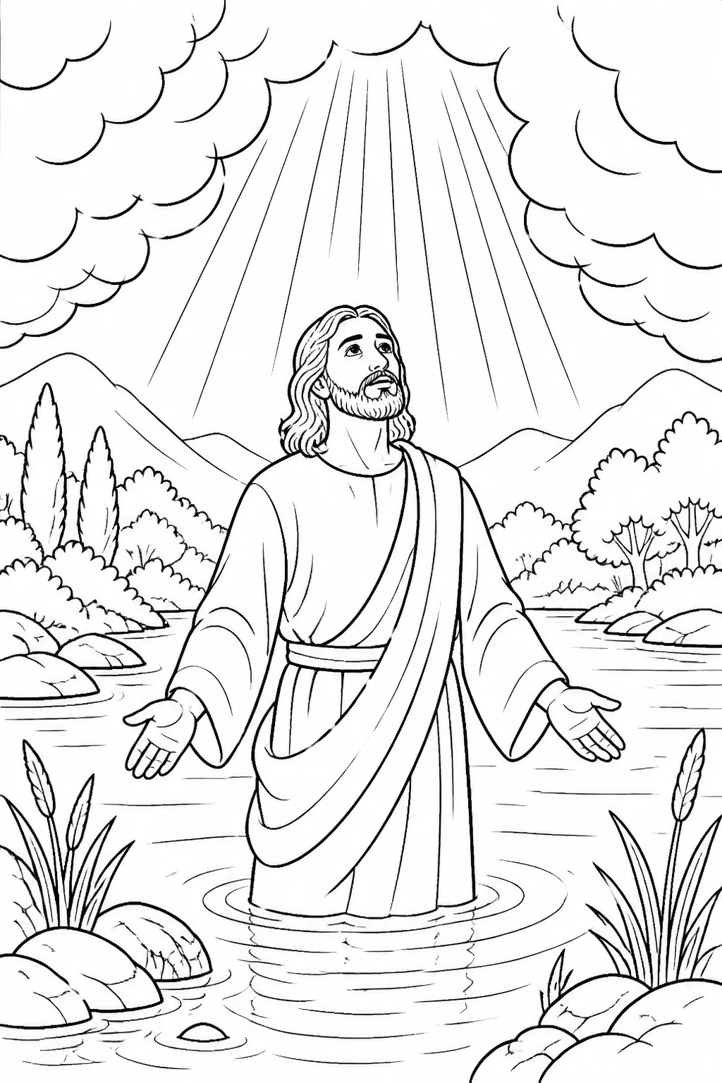 Jesus beneath the opened heavens after baptism, with a voice from heaven declaring him God’s beloved Son.