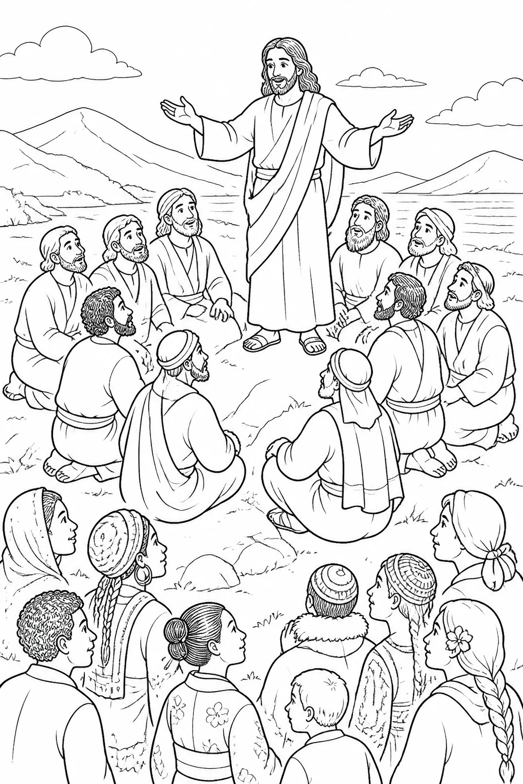 Jesus with the eleven disciples on a mountain in Galilee as he commands them to make disciples of all nations, baptize, teach, and trust his promise to be with them always.