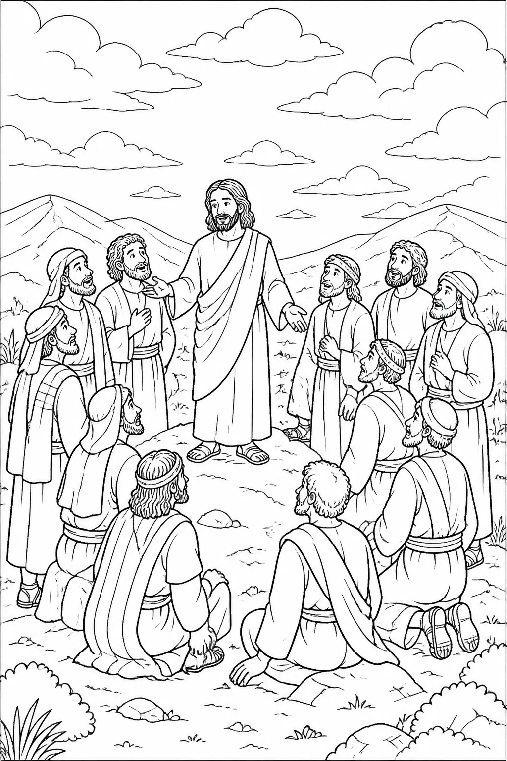 Jesus standing near the eleven disciples on a mountain in Galilee beneath an open sky, illustrating his promise to be with them always.