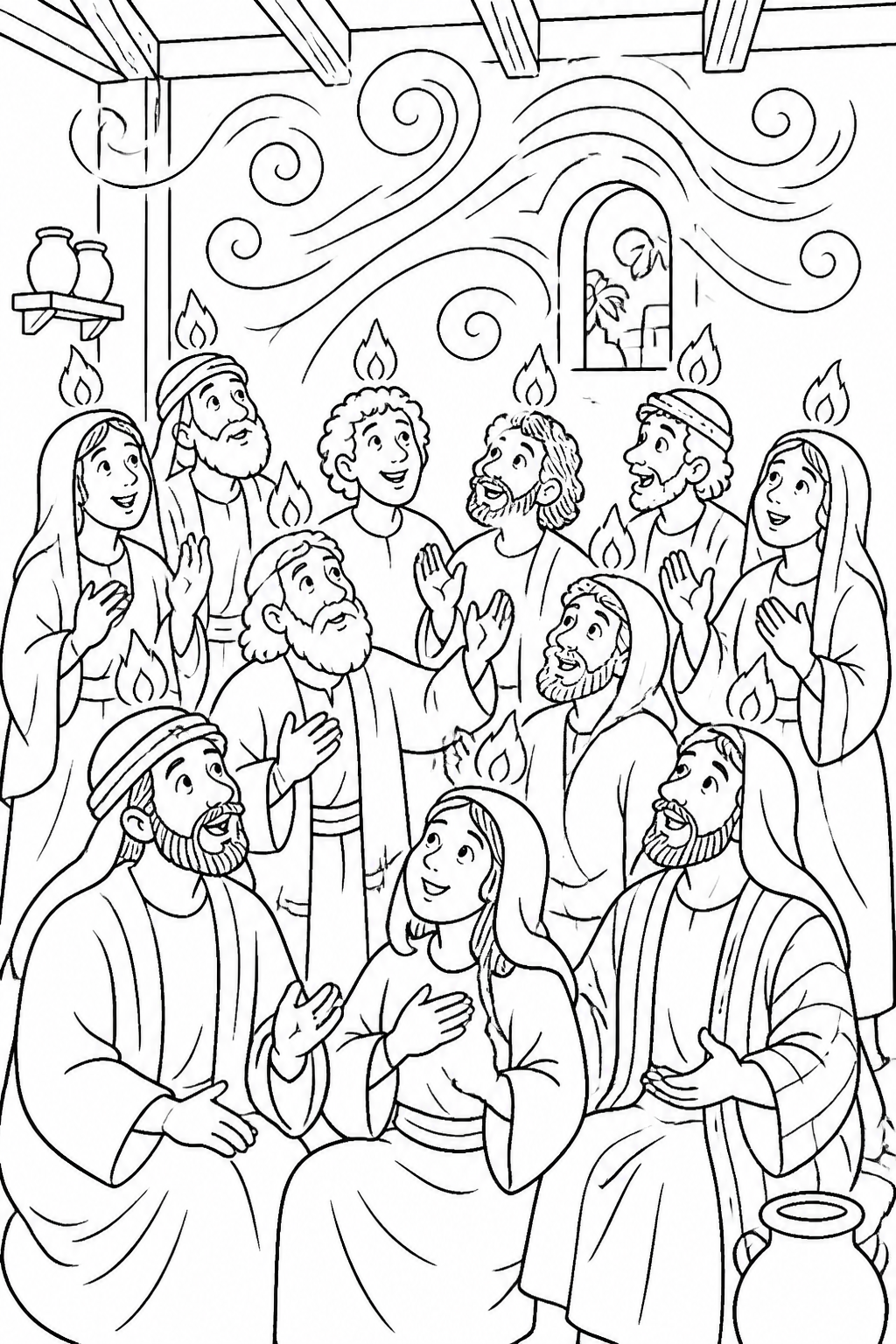 Wind and Fire-Like Signs from The Holy Spirit Comes at Pentecost Bible coloring page