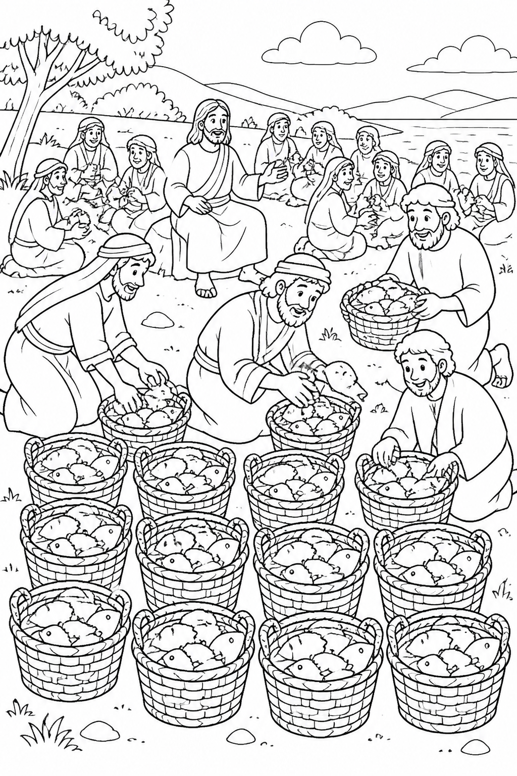 Twelve Baskets Remain from Jesus Feeds Five Thousand Bible coloring page