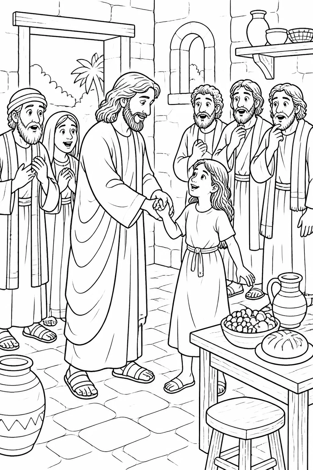 Illustration concept of Jesus taking Jairus’s daughter by the hand and telling her to get up inside Jairus’s house, with her parents and Peter, James, and John present and food nearby.