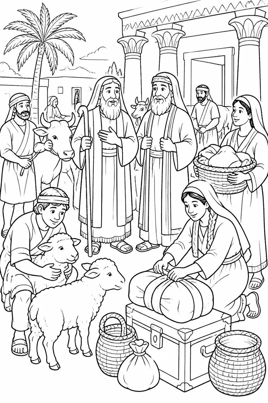 Moses and Aaron with Israelites near flocks and herds in an Egyptian courtyard as the people prepare after Pharaoh commands them to leave.