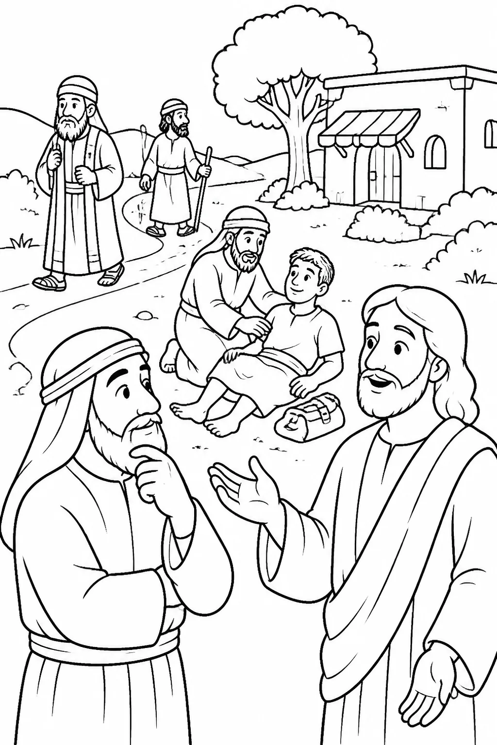 Jesus and a law expert with the Good Samaritan helping a wounded traveler, while a priest, a Levite, and an inn appear in the surrounding parable scene.