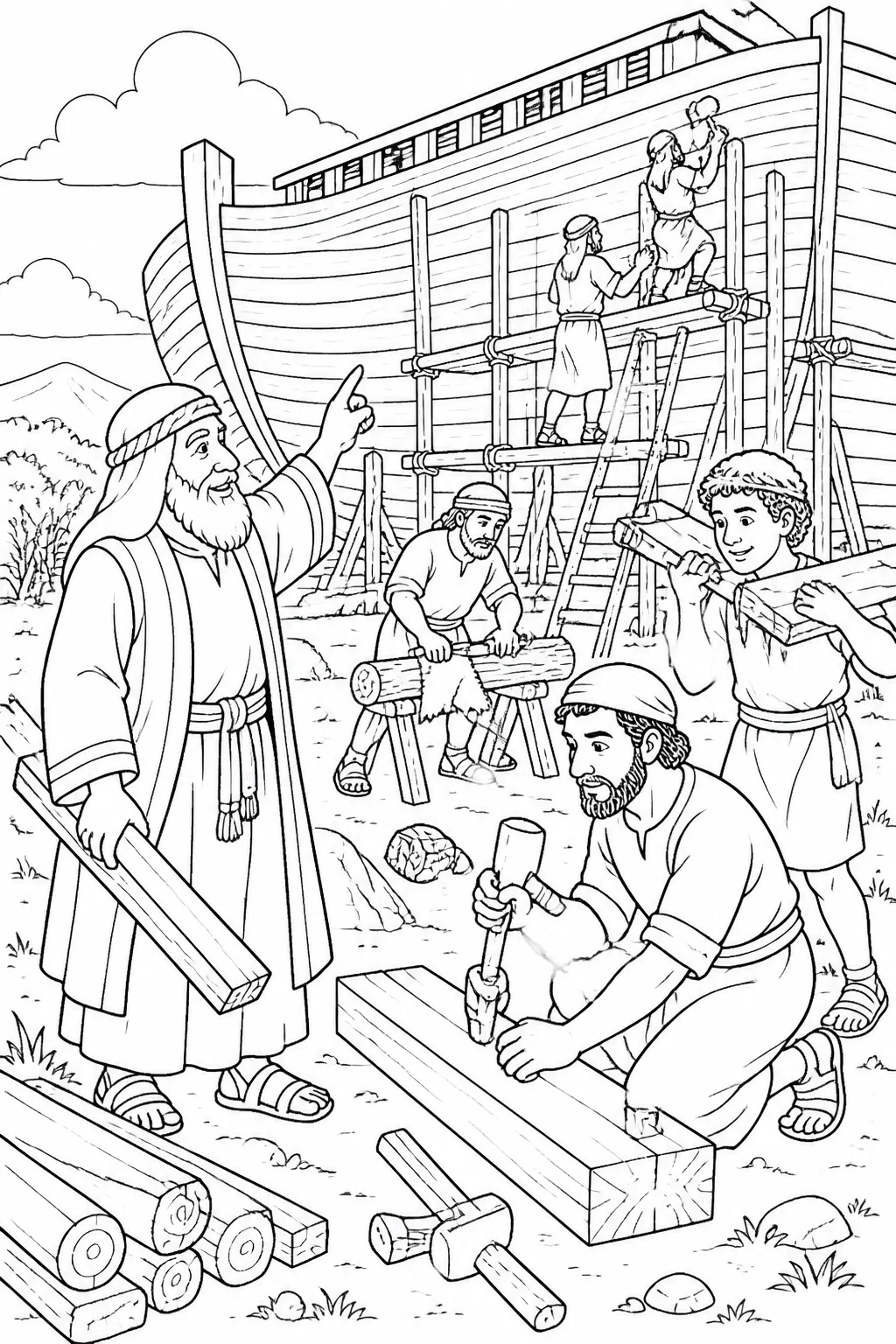 Noah builds the Ark from Noah’s Ark Bible coloring page