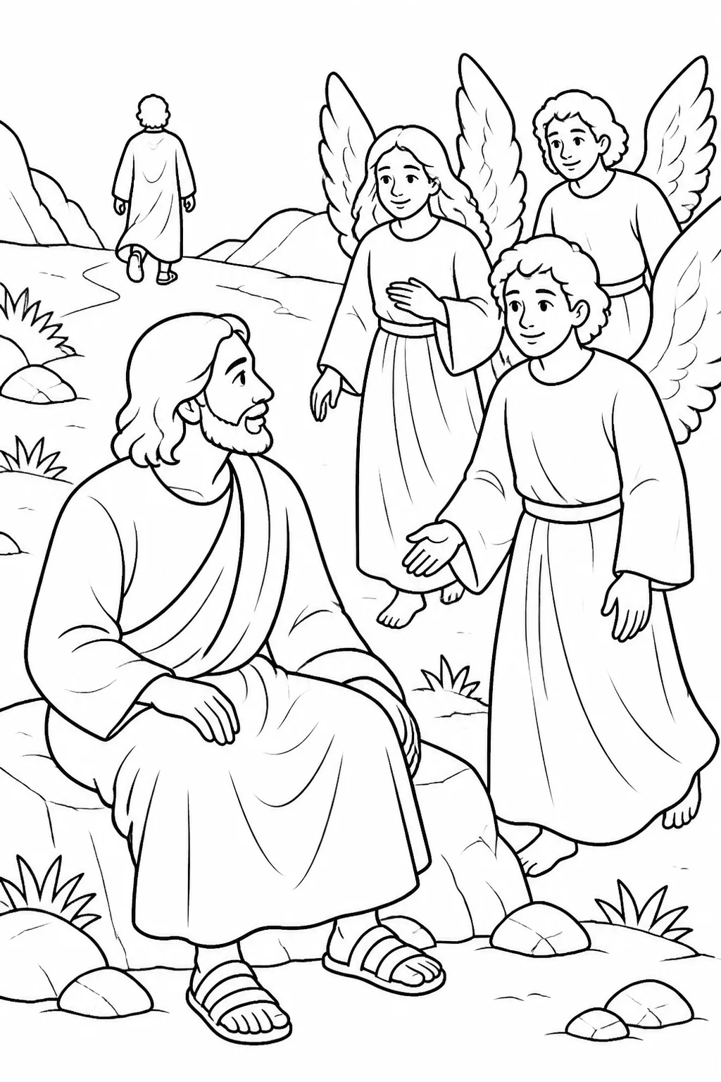 Jesus in the wilderness after the devil leaves, with angels coming to serve him, based on Matthew 4:11.