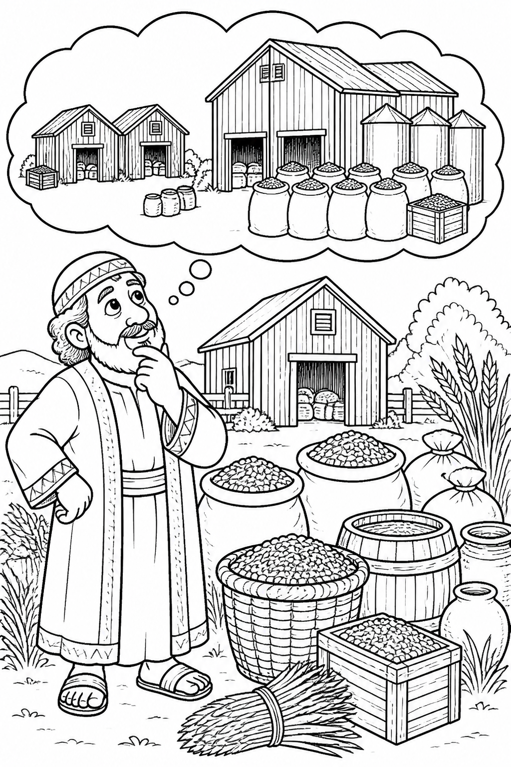 Building Bigger Barns from The Parable of the Rich Fool Bible coloring page